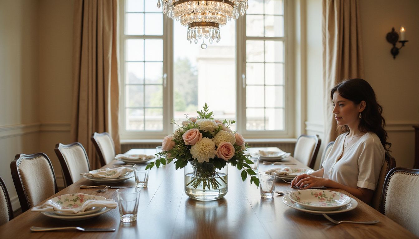 A beautifully set dining room with a fresh floral centerpiece.