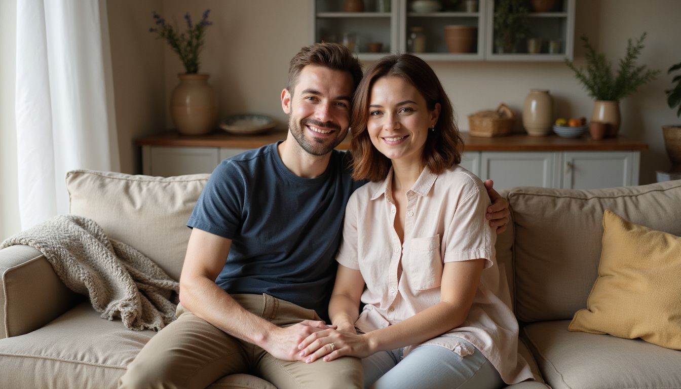A couple in their 30s sitting closely on a plush sofa.