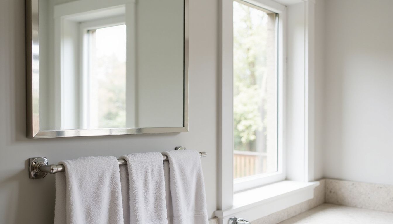 A clean, orderly bathroom with a polished mirror and fresh towels.