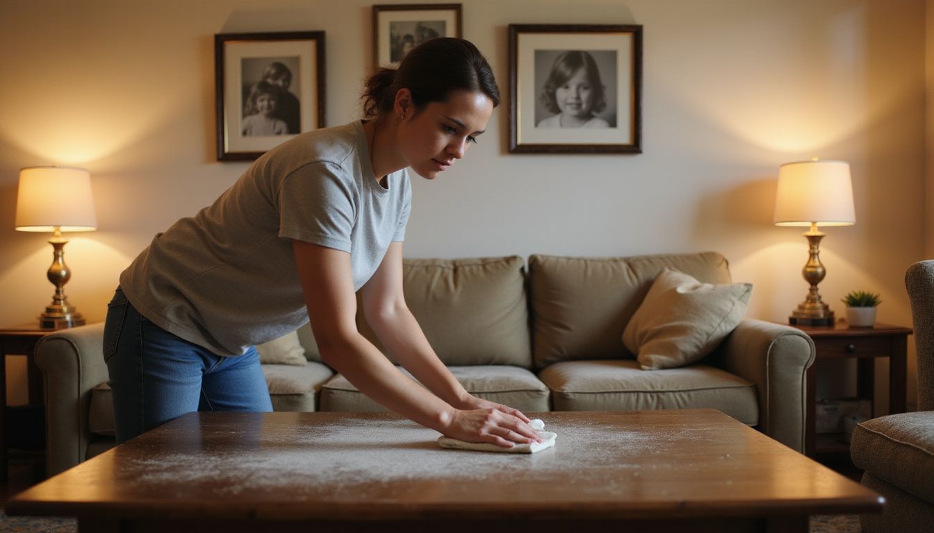 A person dusts a well-worn wooden coffee table in a cozy living room.
