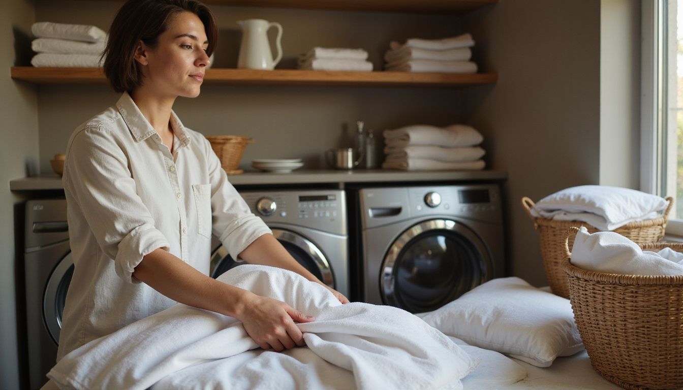 A person folding freshly laundered bedding and towels in a bright laundry room.