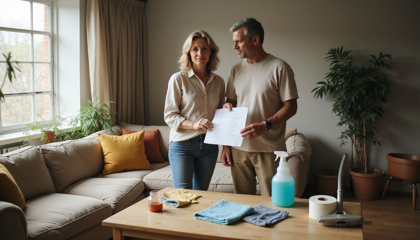 A couple stands in a cluttered room holding a cleaning supplies checklist.