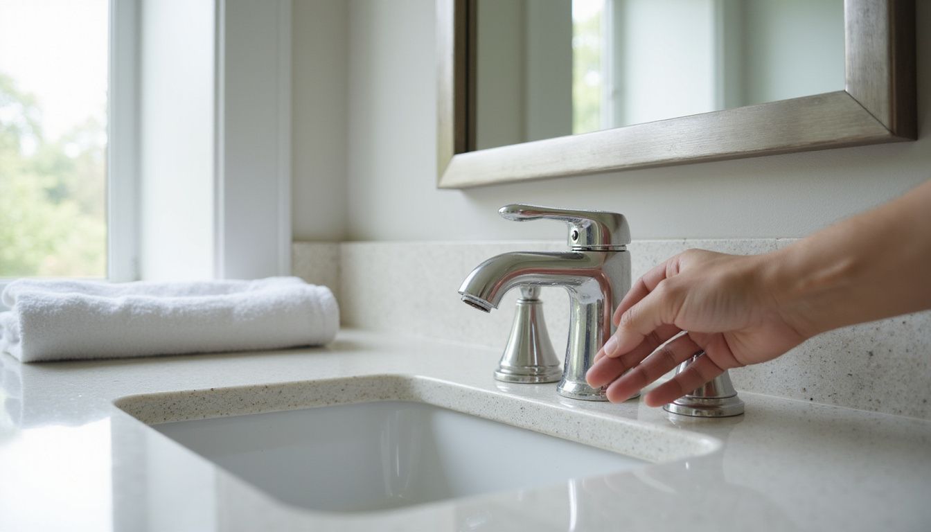 A clean and well-maintained bathroom countertop with chrome faucets and accessories.