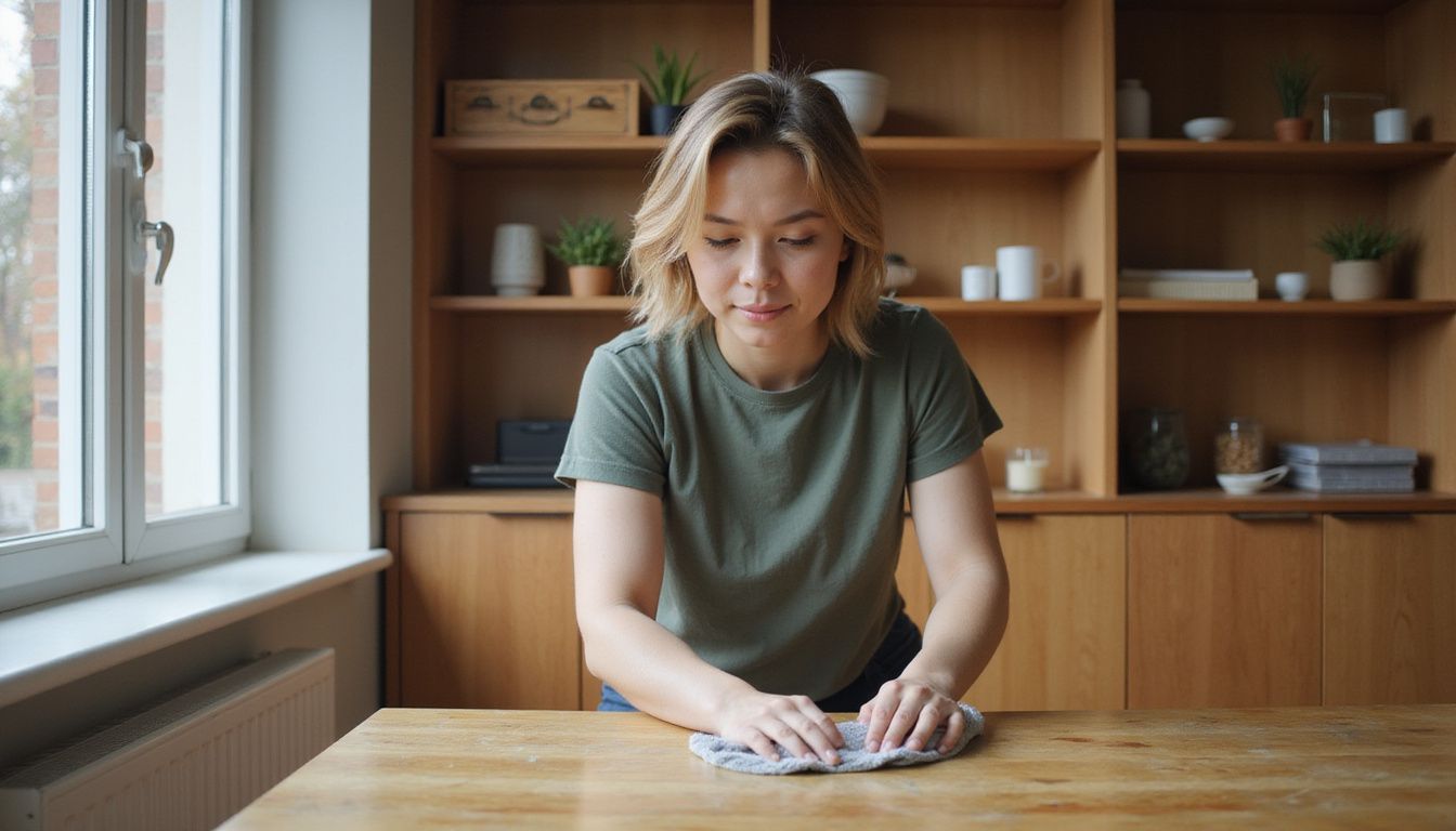 A person dusting clean wooden furniture in a tidy, minimalist space.