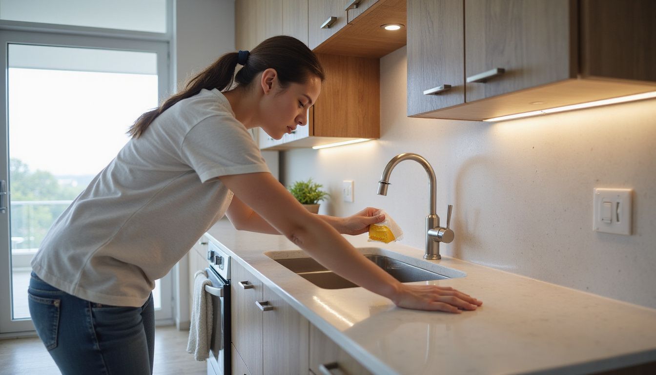 A parent cleaning a modern vacation rental kitchen.