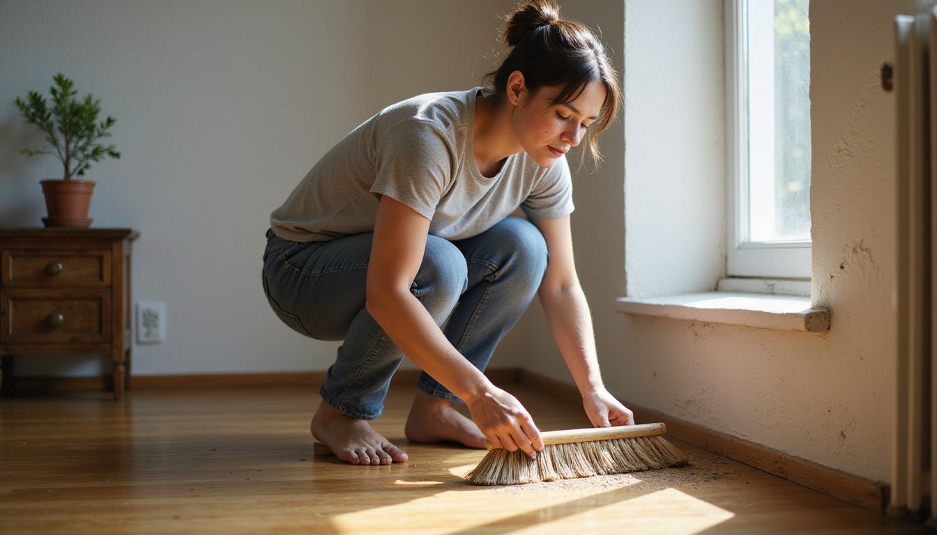 A woman in her 30s sweeps a hardwood floor in a cozy room.