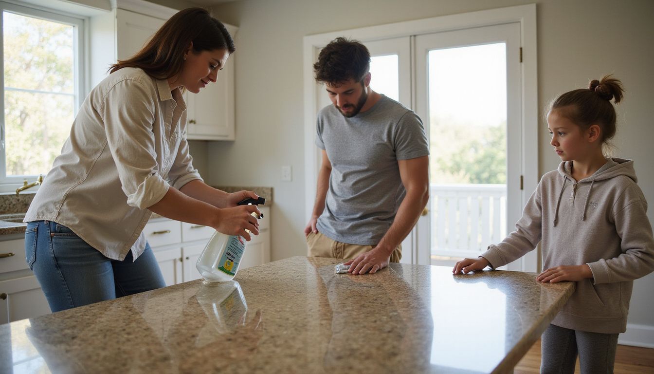 A family of four diligently cleans their vacation rental home.