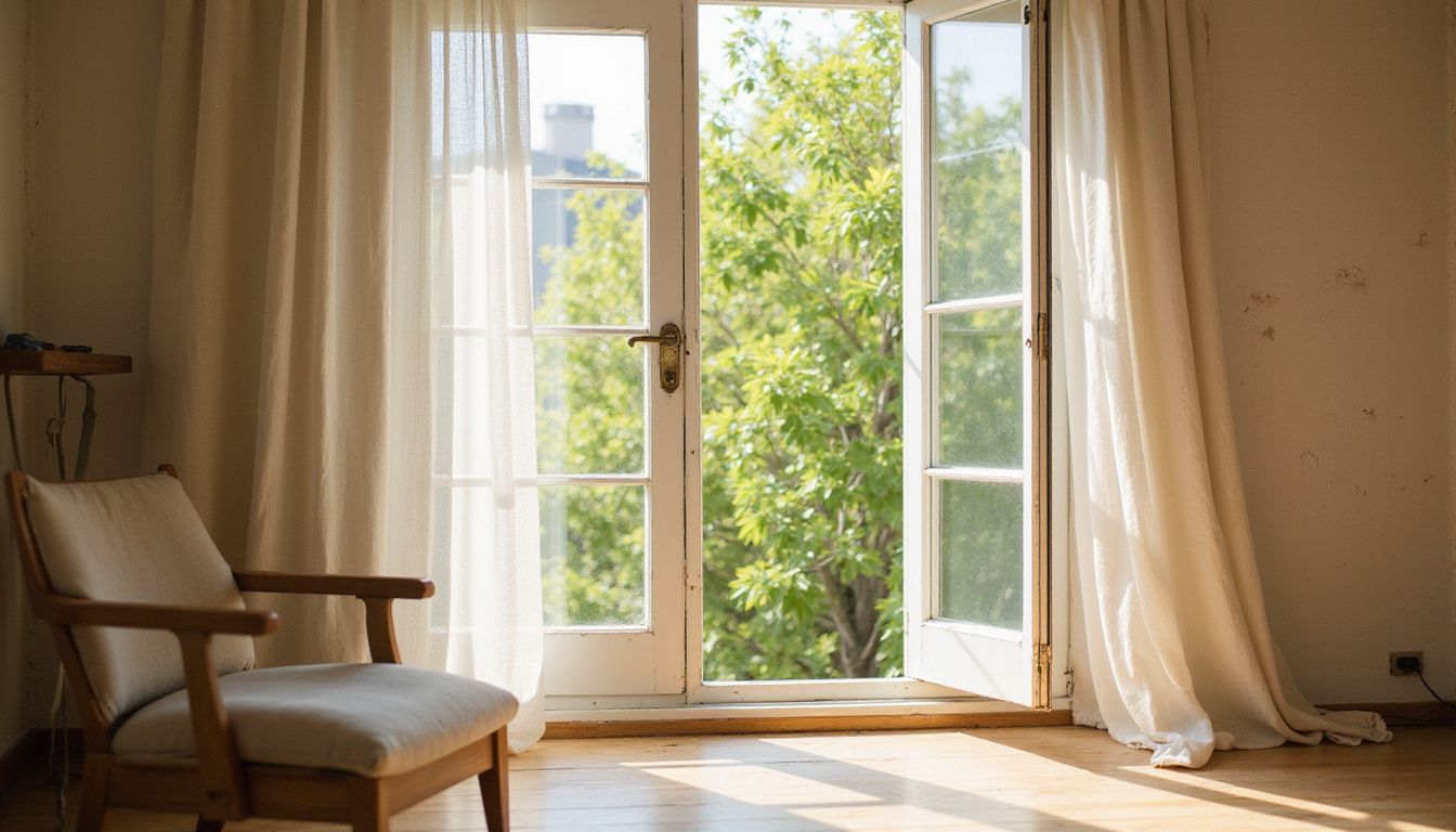 An inviting, sunlit room with open window and linen curtains.