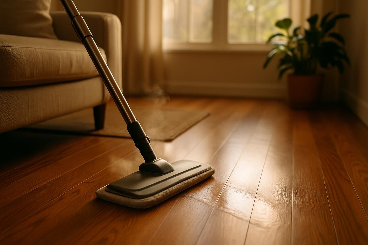 A steam mop cleans polished hardwood floors in a cozy living room.