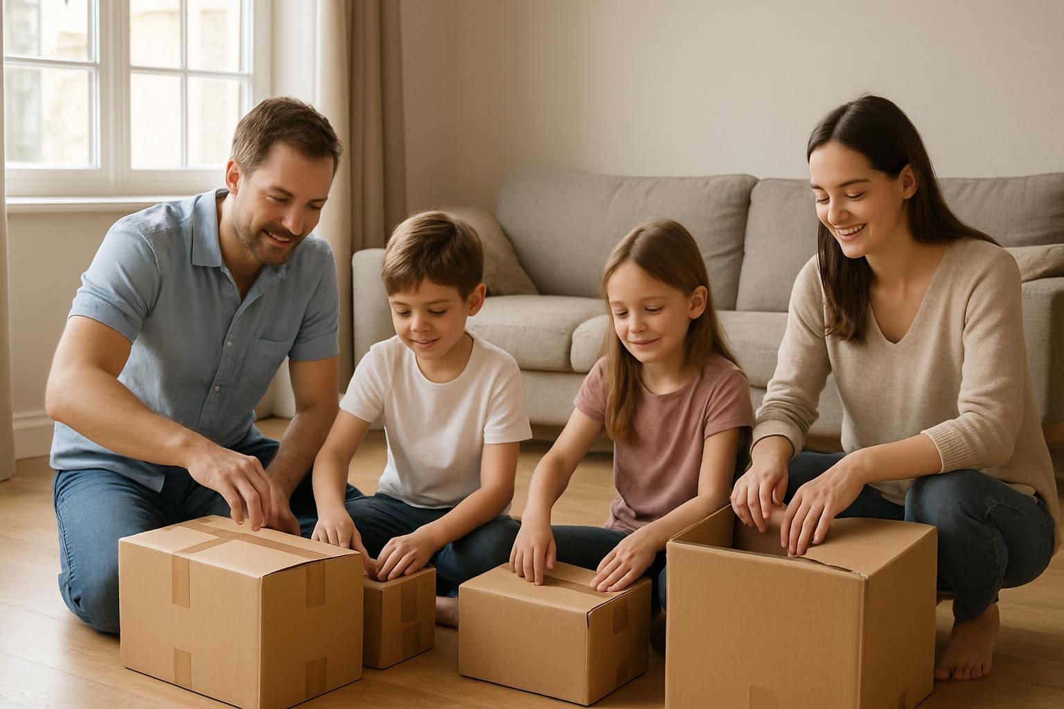 A family of four unpacks boxes in their cozy living room.