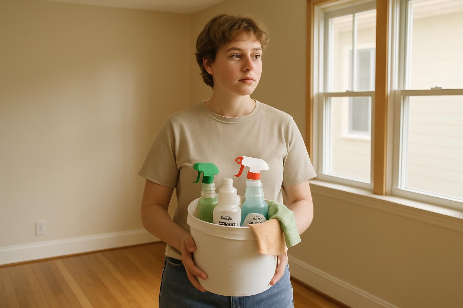 A young adult stands with cleaning supplies in a freshly painted room.