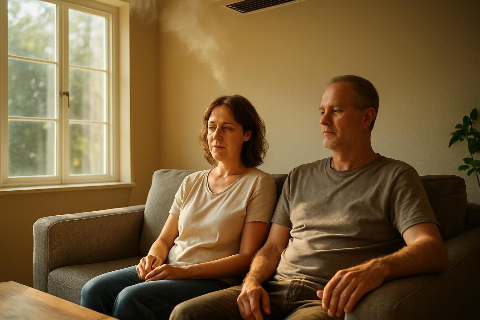 A couple relaxes comfortably on a gray couch in a cozy living room.