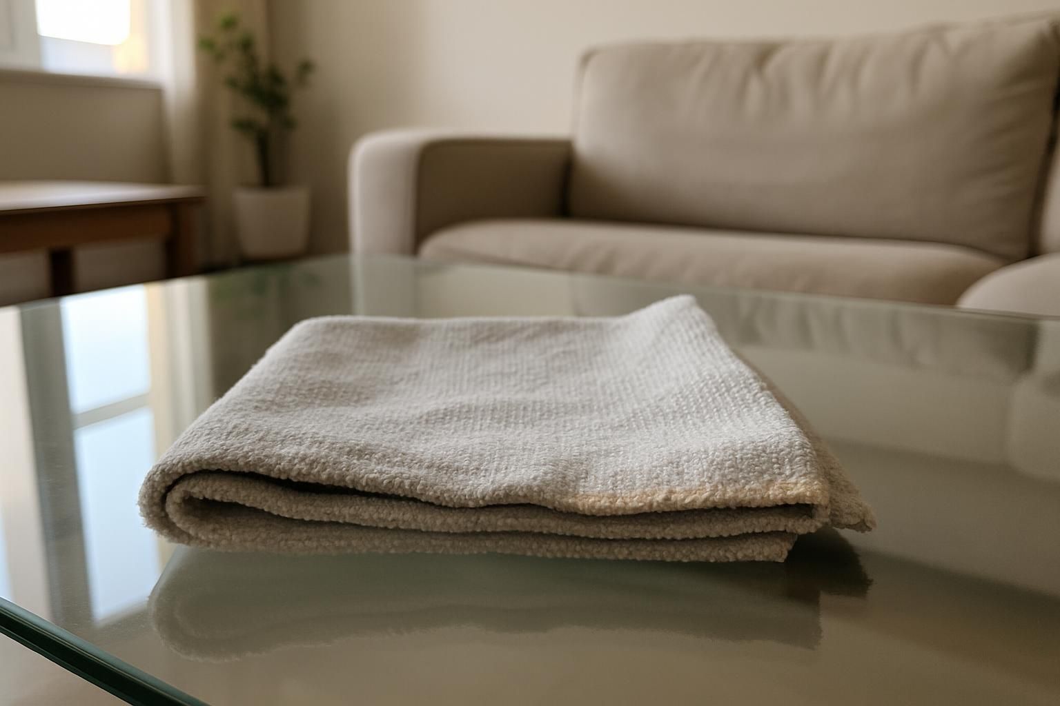 A worn microfiber cloth rests on a pristine glass tabletop.