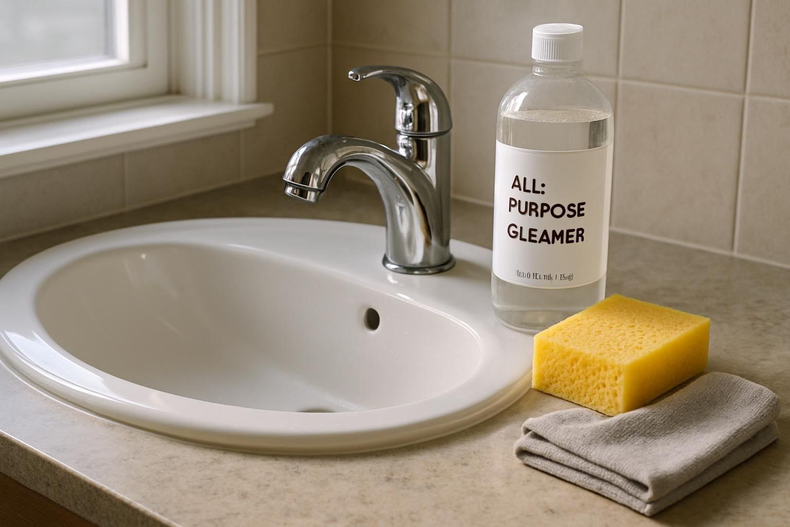 A tidy bathroom sink with cleaning supplies organized nearby.