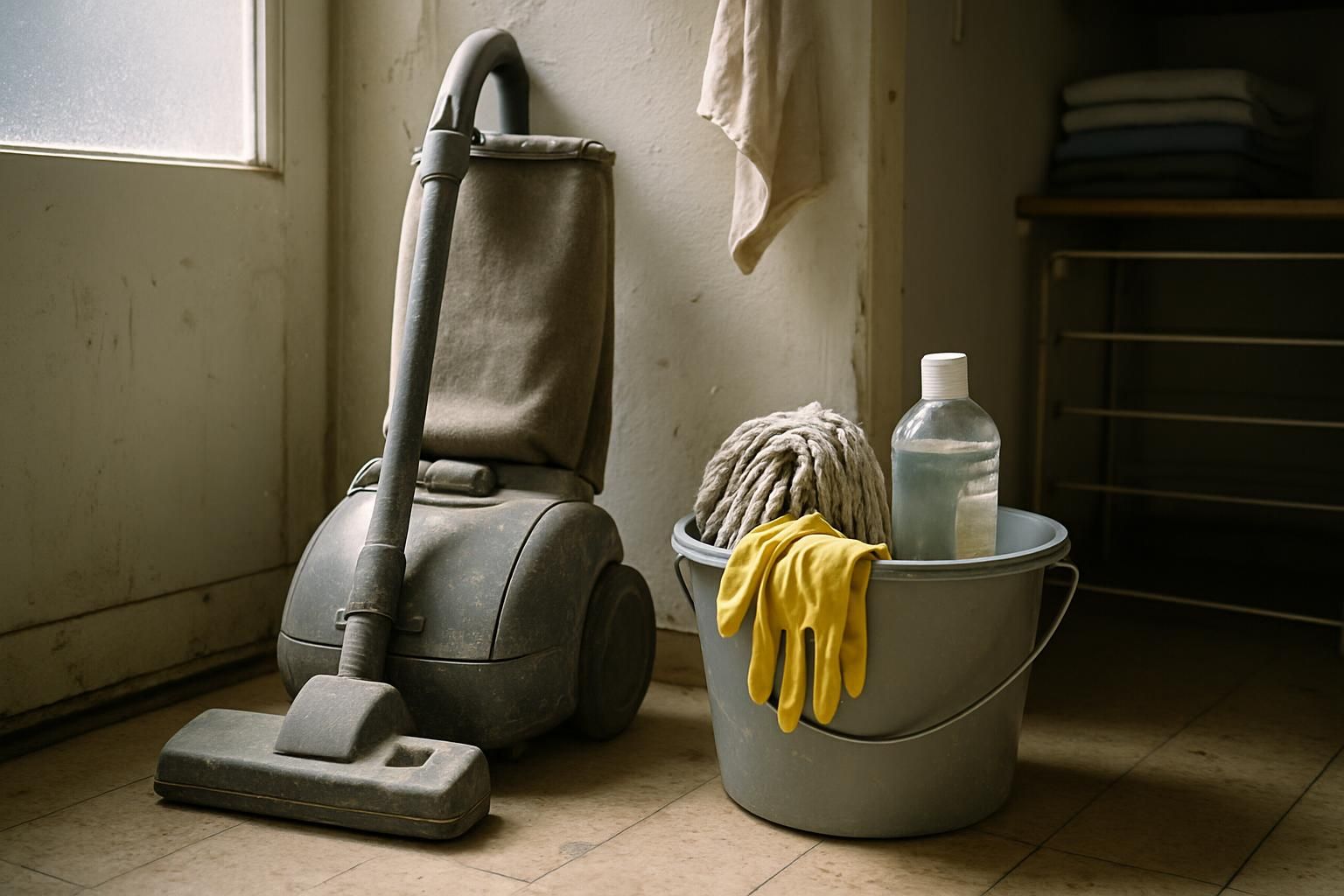 A well-used vacuum cleaner and cleaning supplies in a cluttered laundry room.