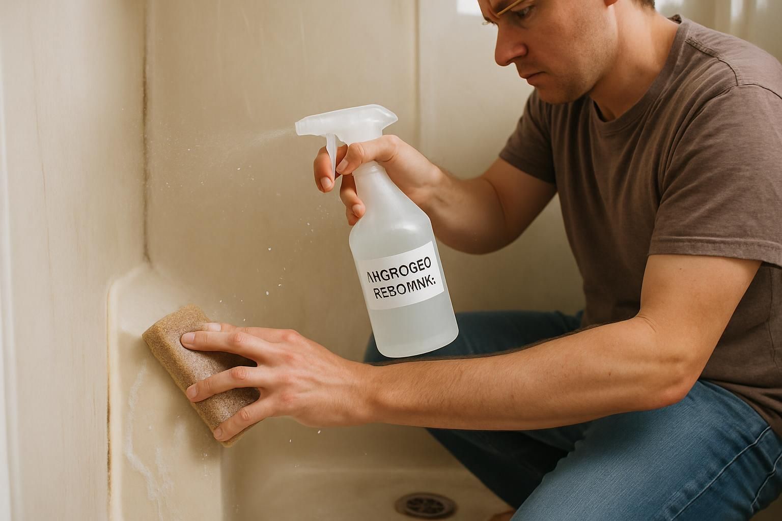 A person scrubs mold from a fiberglass shower stall with peroxide.