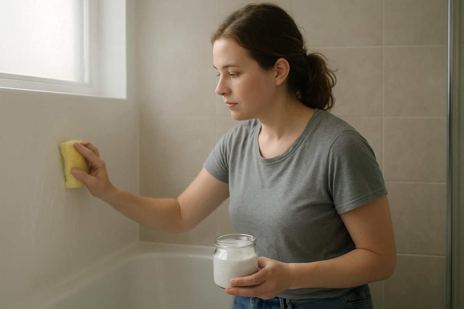 A woman cleans a shower wall with a sponge and baking soda.