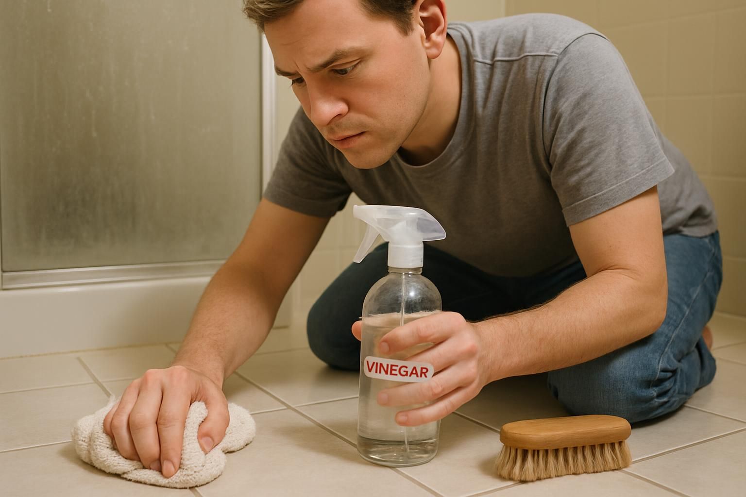 A person cleans a bathroom floor with vinegar and a cloth.