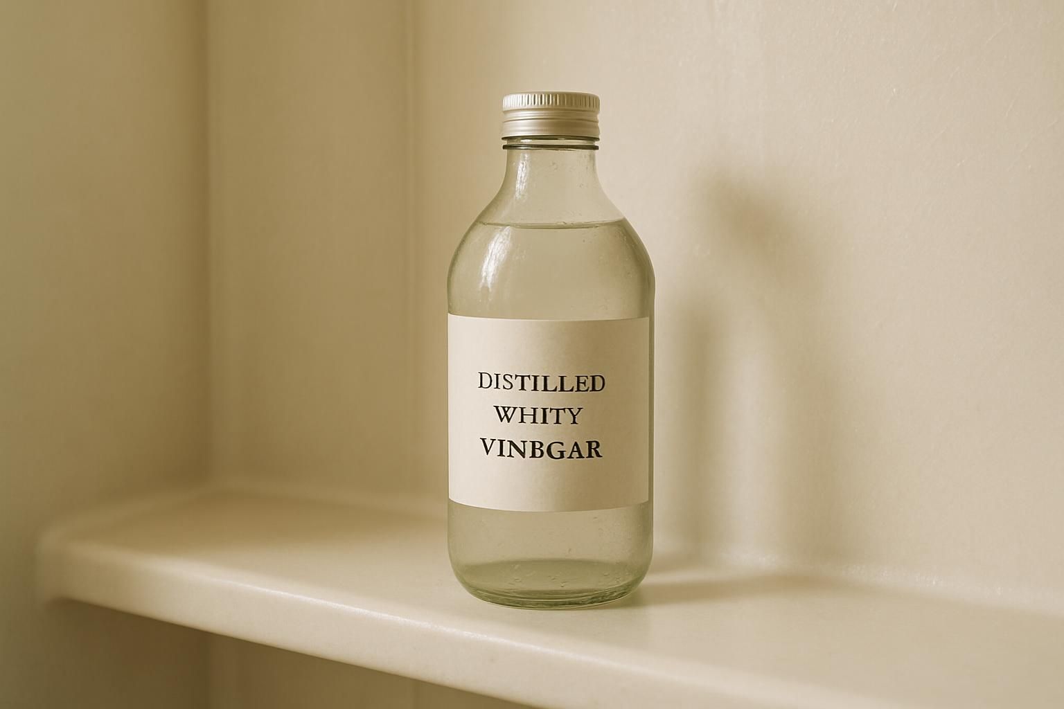 A clear vinegar bottle on a clean bathroom shelf.