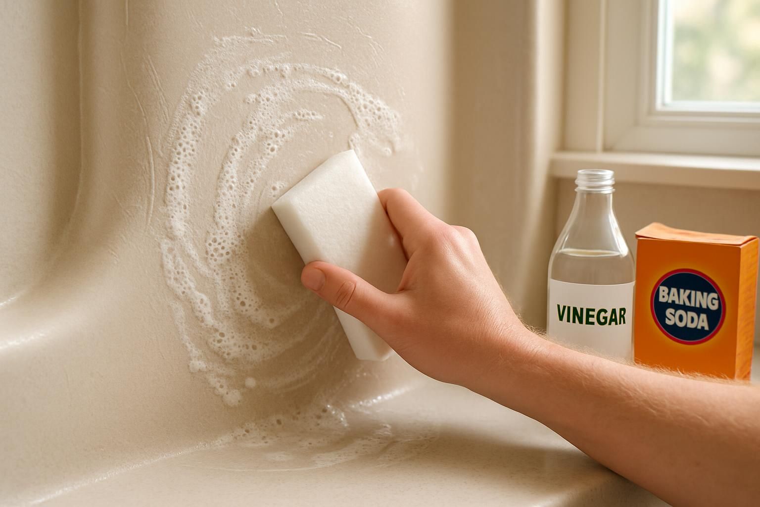 A hand scrubs a fiberglass shower with baking soda and vinegar.