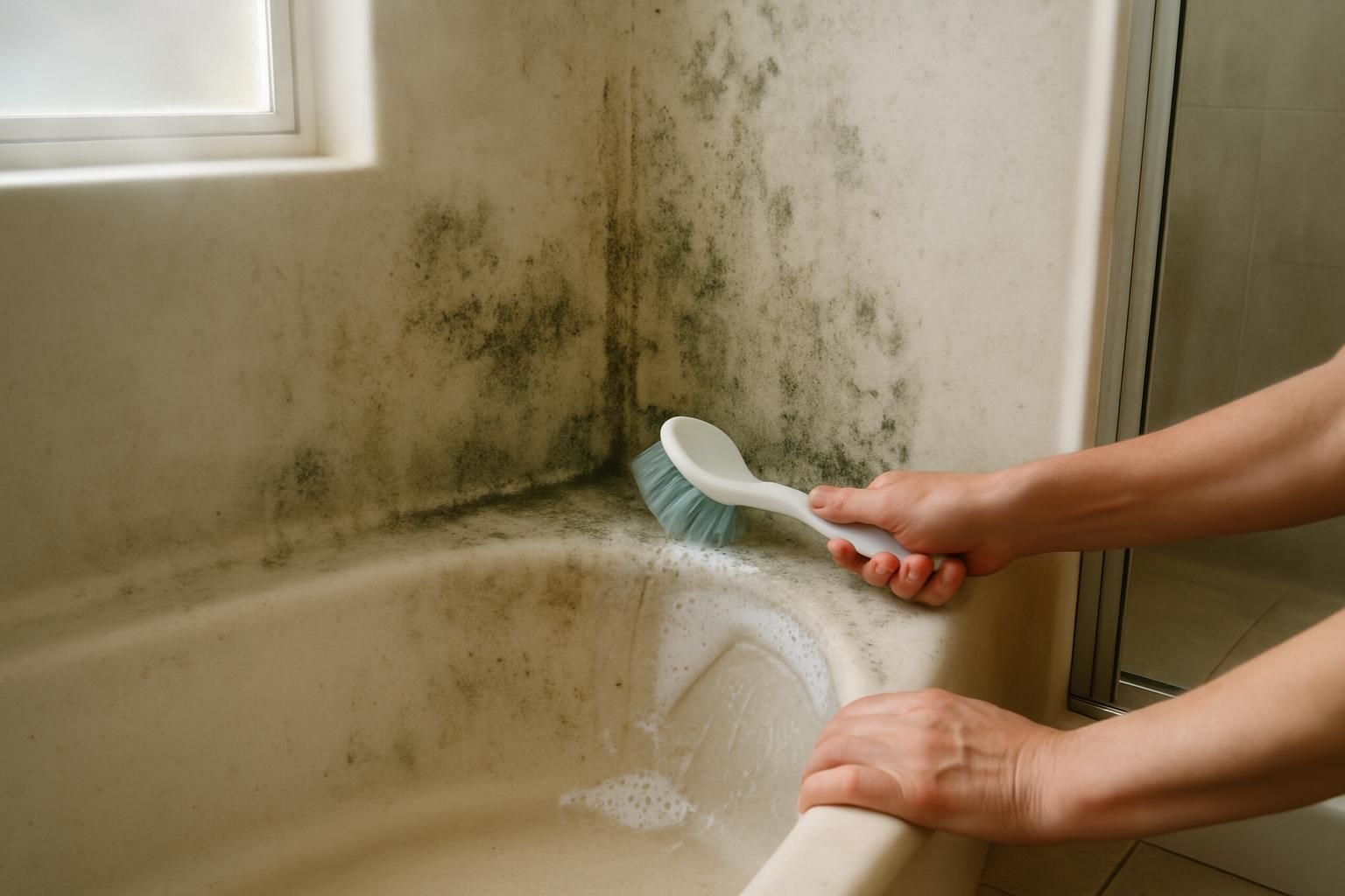 A person cleans a fiberglass shower stall with a brush.