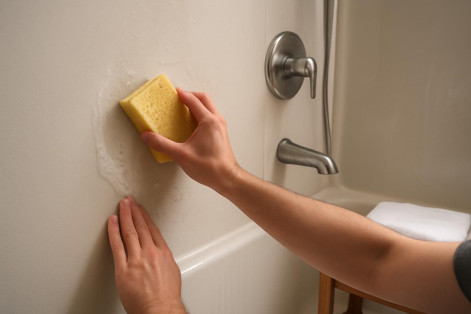 A person scrubs a shower stall with a yellow sponge.