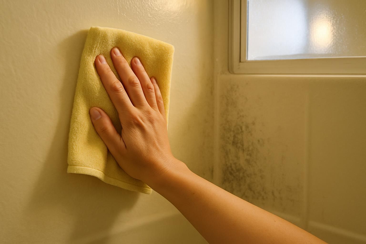 A woman's hand holds a microfiber cloth against a soapy shower wall.