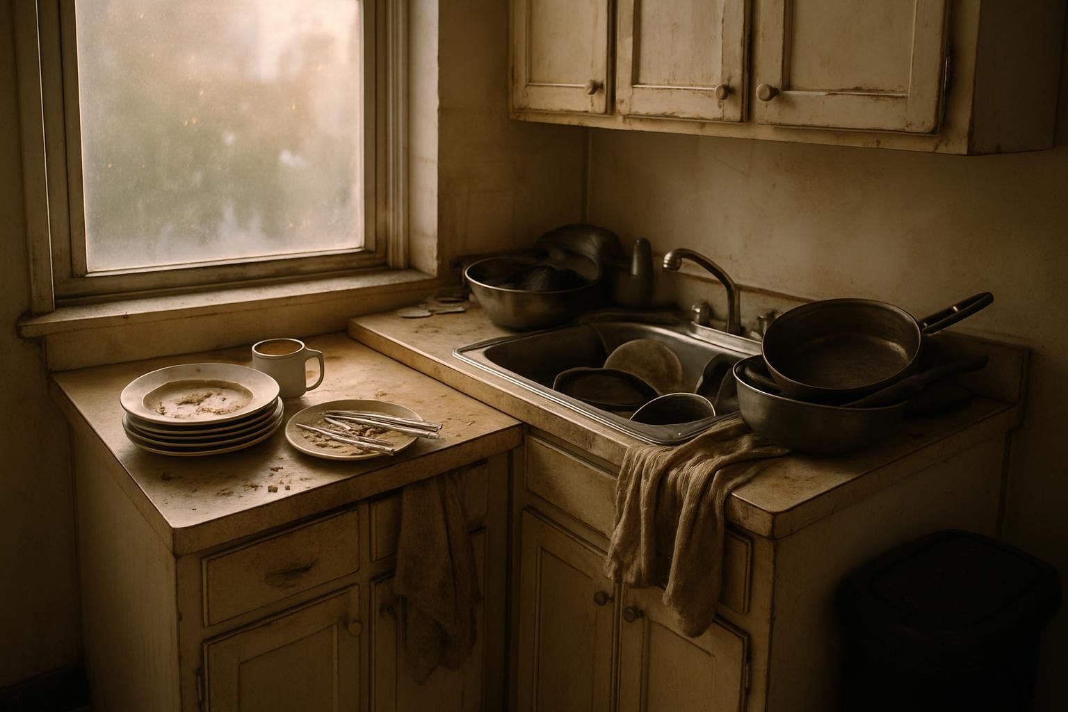 A cluttered, neglected small apartment kitchen in disarray.