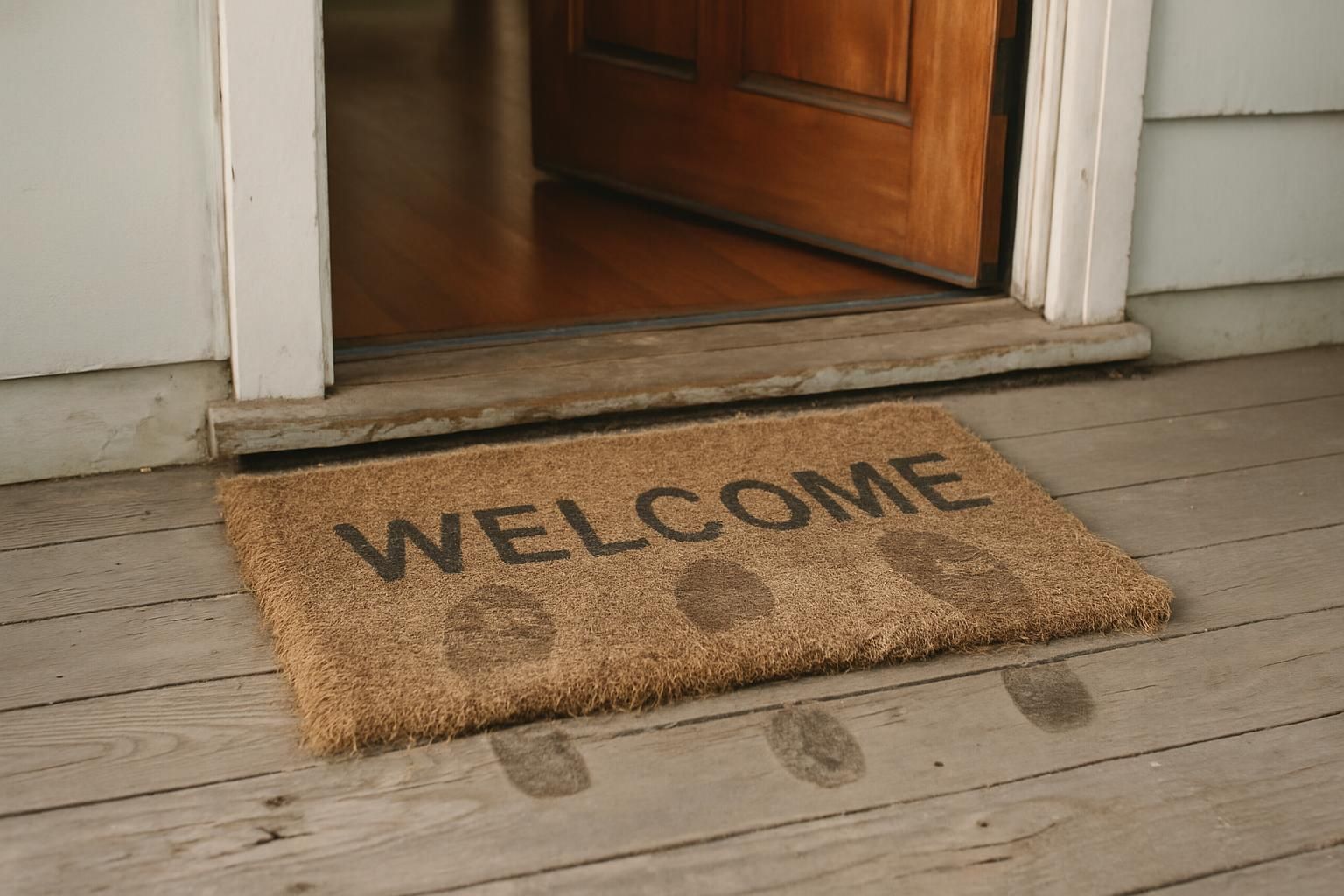 A weathered porch with a frayed welcome mat and footprints.