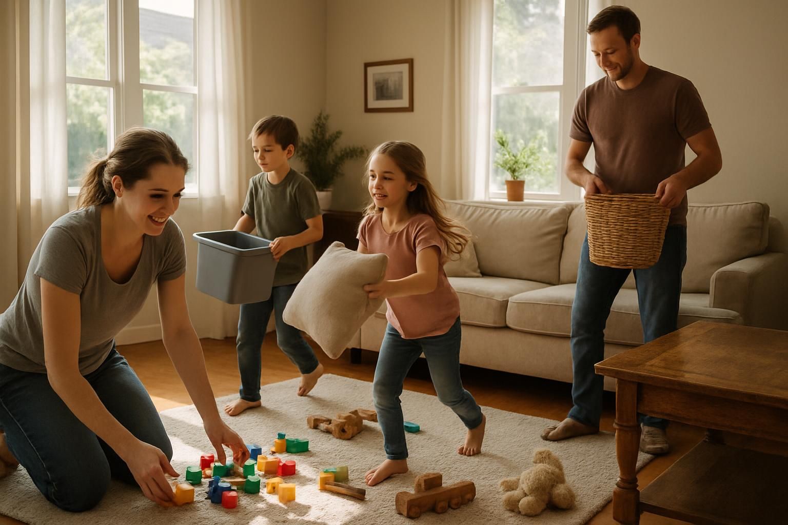 A family of four joyfully tidies their cozy living room together.