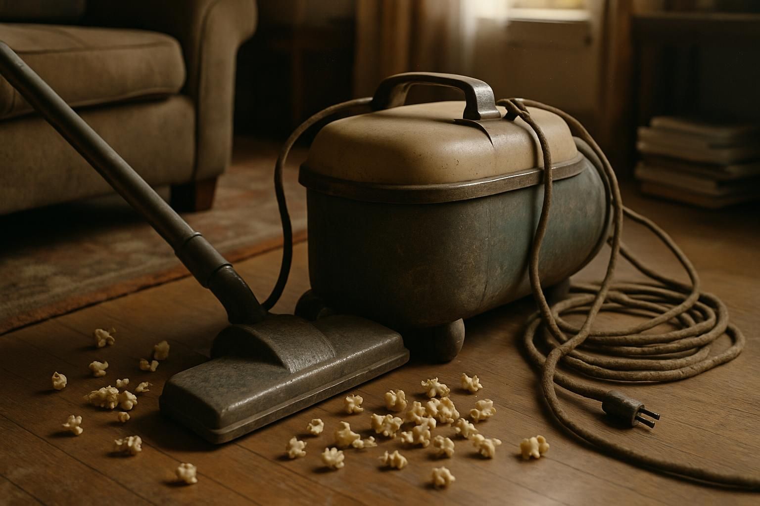 A vintage vacuum cleaner rests amidst everyday clutter in a living room.