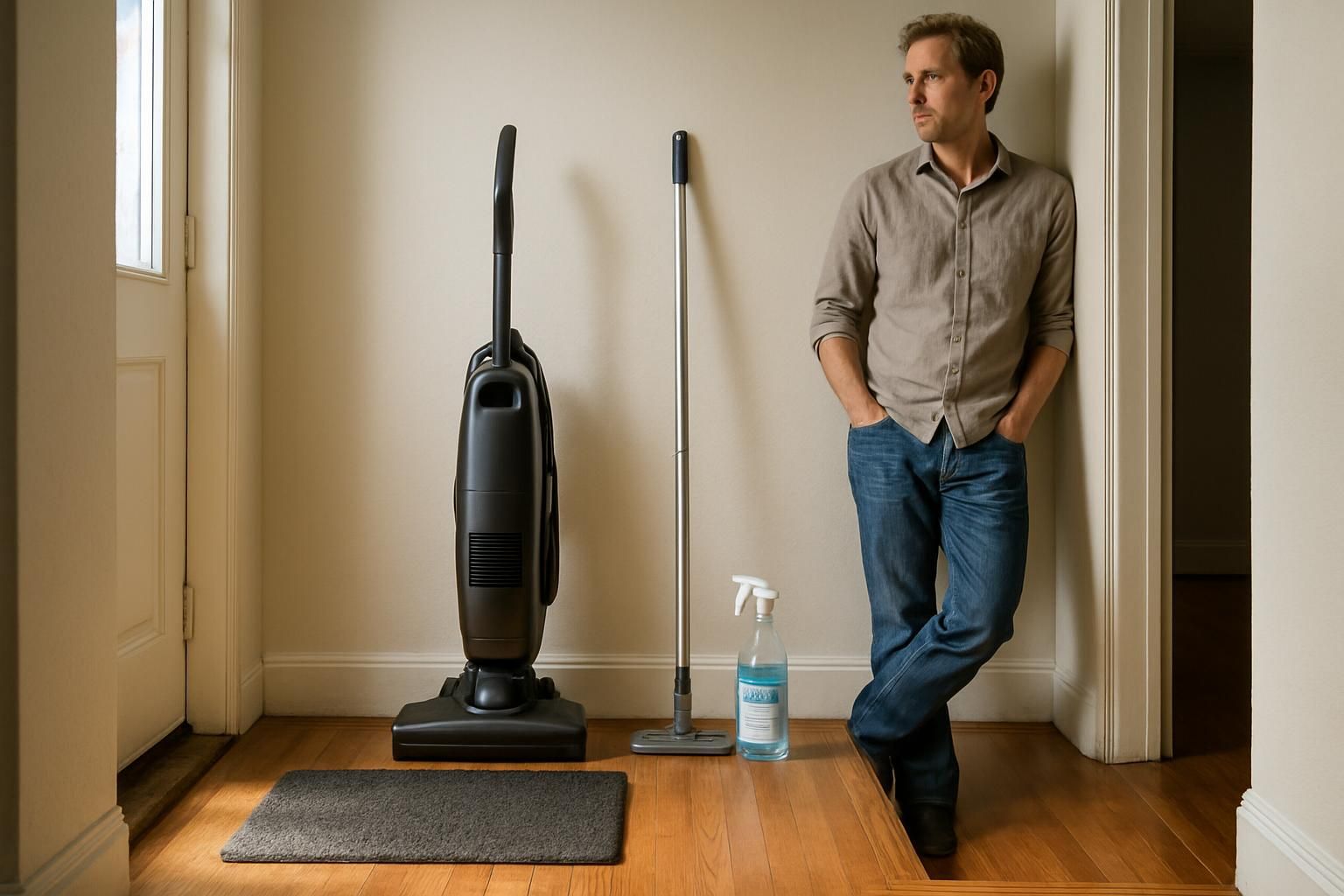 A person leans against a wall in a tidy hallway.