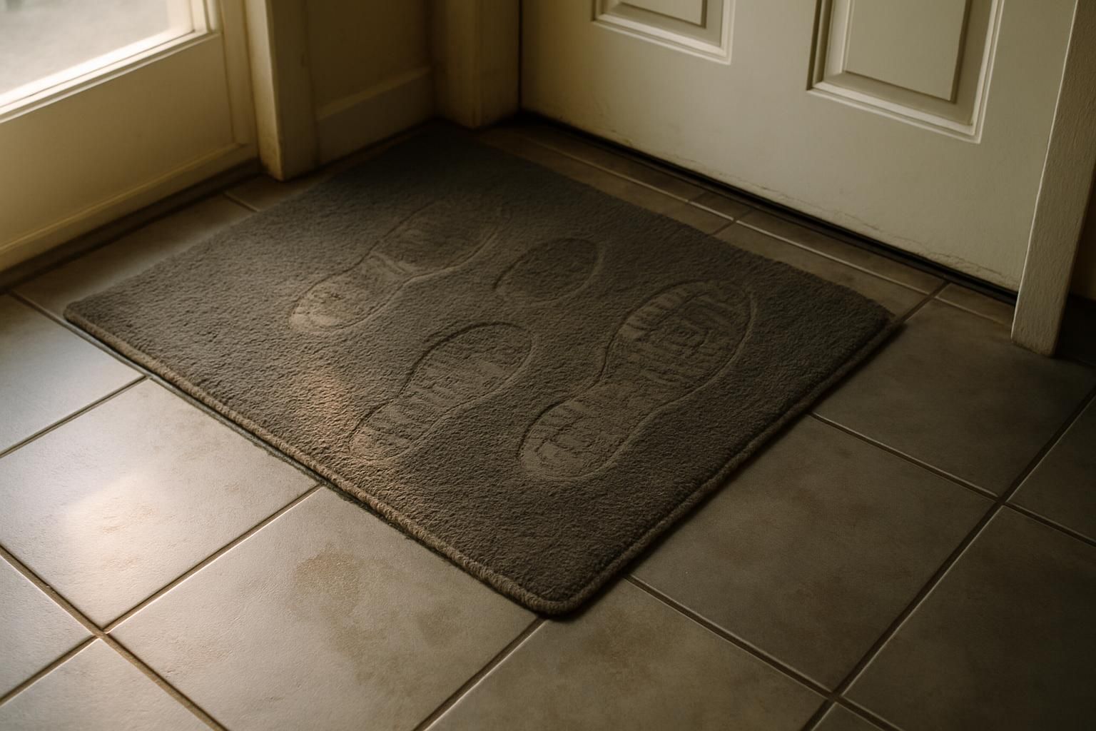 A worn entryway rug contrasts with smooth, stained kitchen tiles.