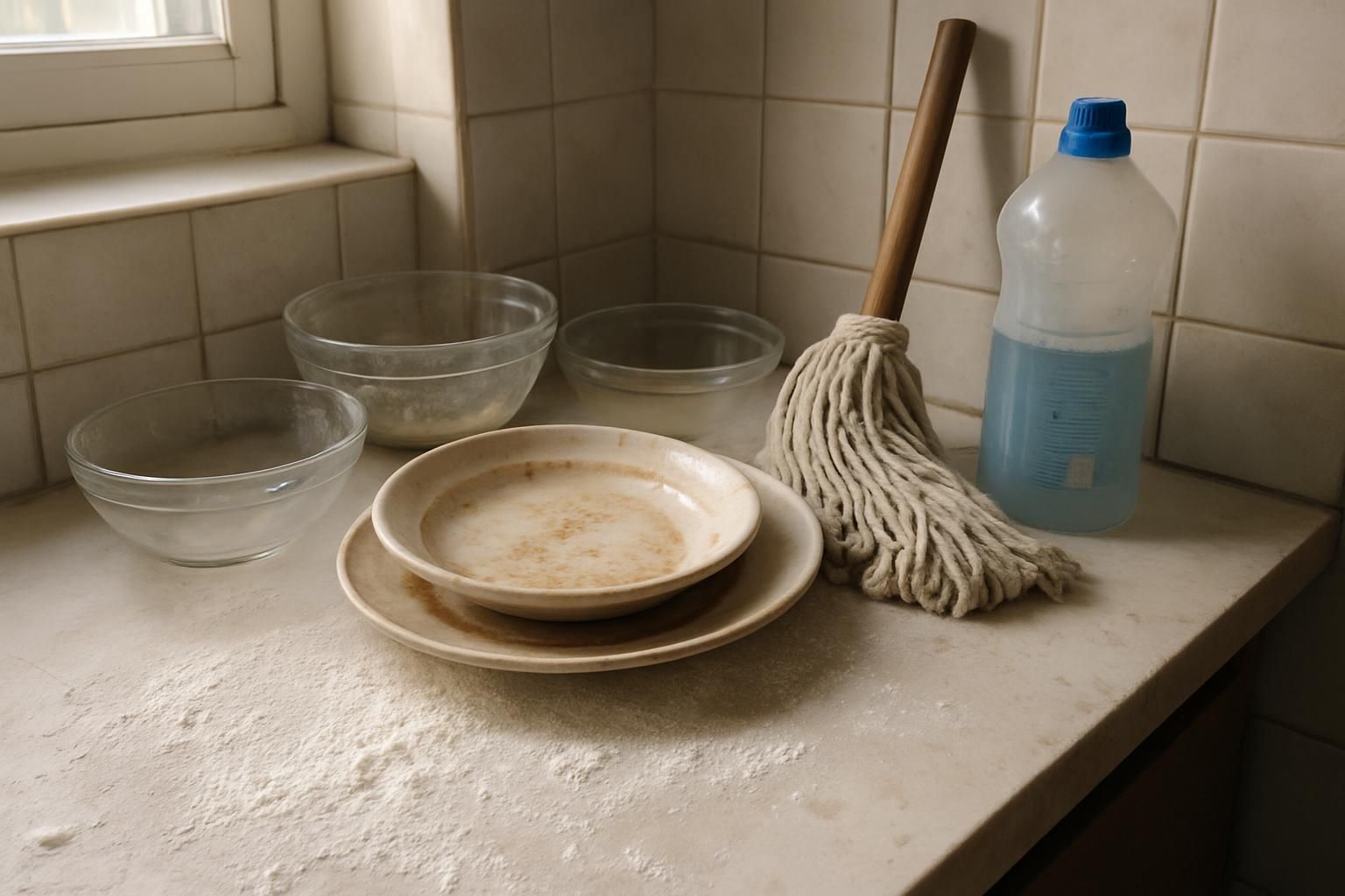 A cluttered kitchen countertop showcases baking remnants and cleaning supplies.