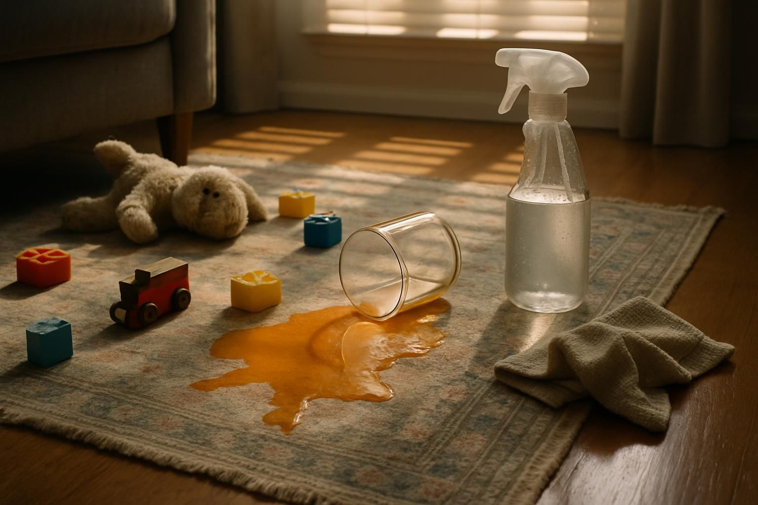 A sunlit living room with toys, a spilled juice, and cleaning supplies.