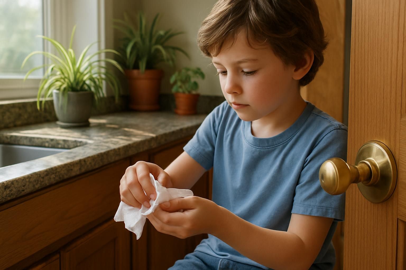 A child diligently cleans a brass doorknob in a cozy kitchen.