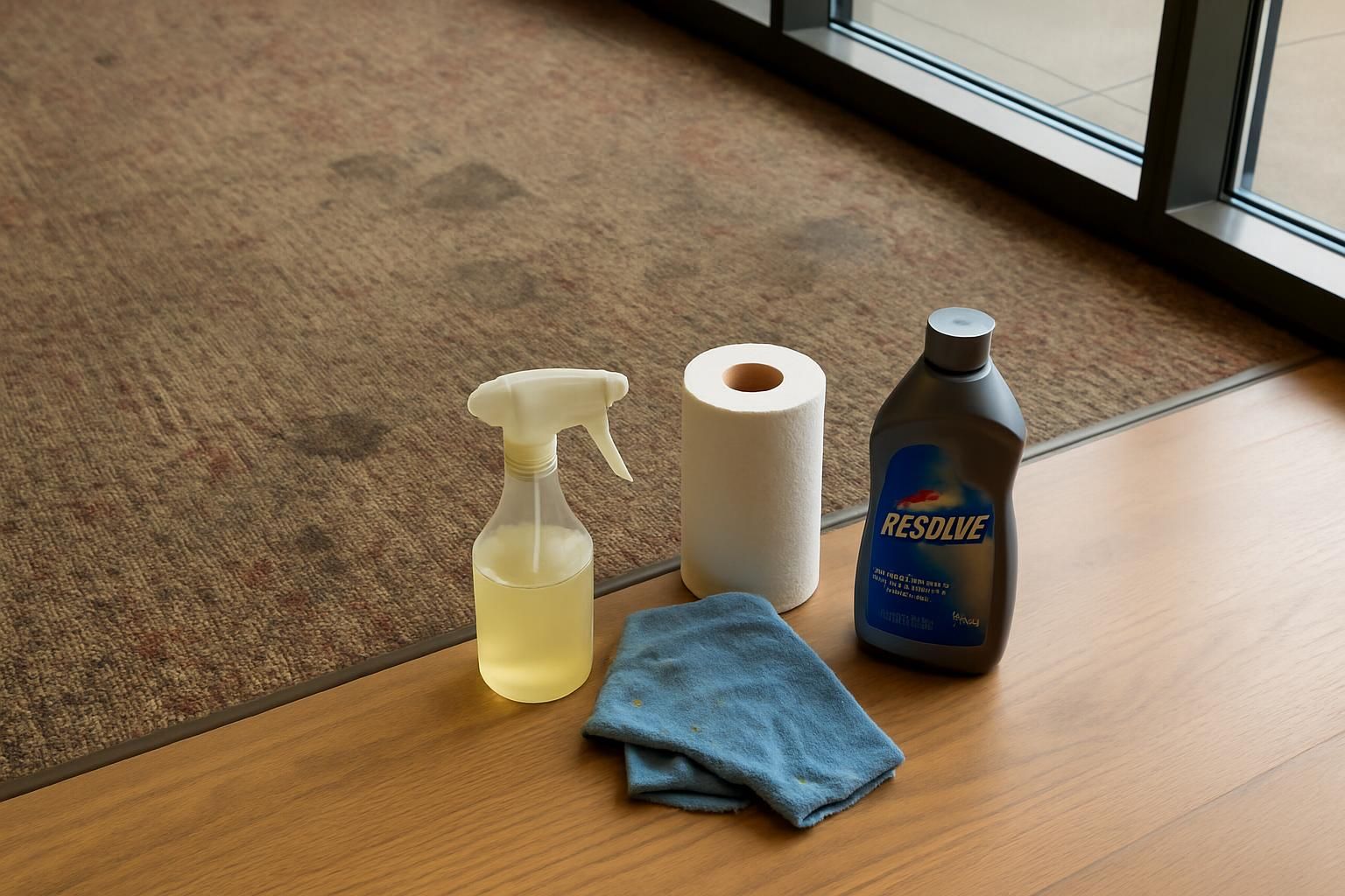 Worn office lobby carpet with cleaning supplies nearby for maintenance.