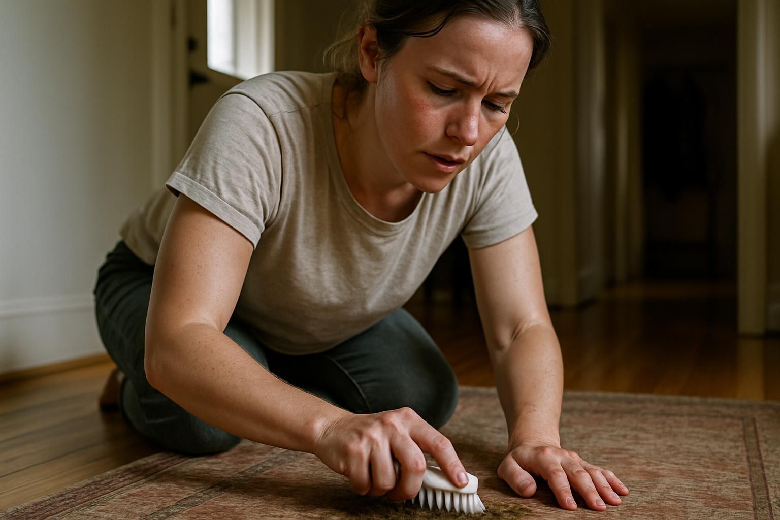 A focused woman vigorously scrubs a stained area rug on the floor.