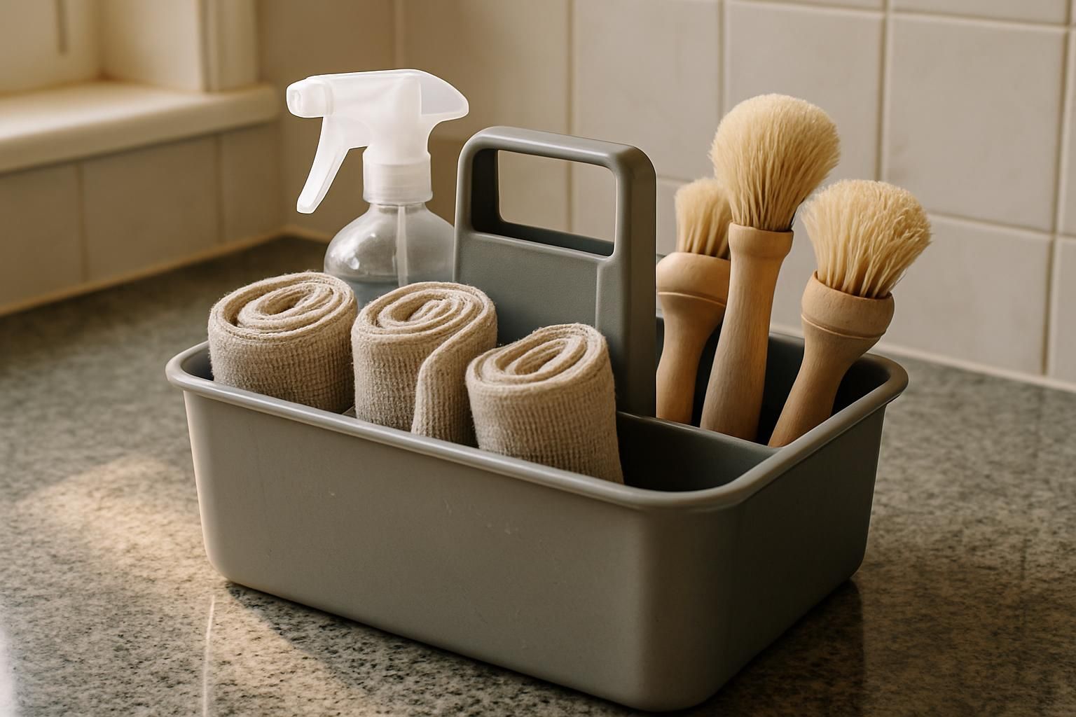 A neatly organized cleaning caddy on a granite kitchen countertop.