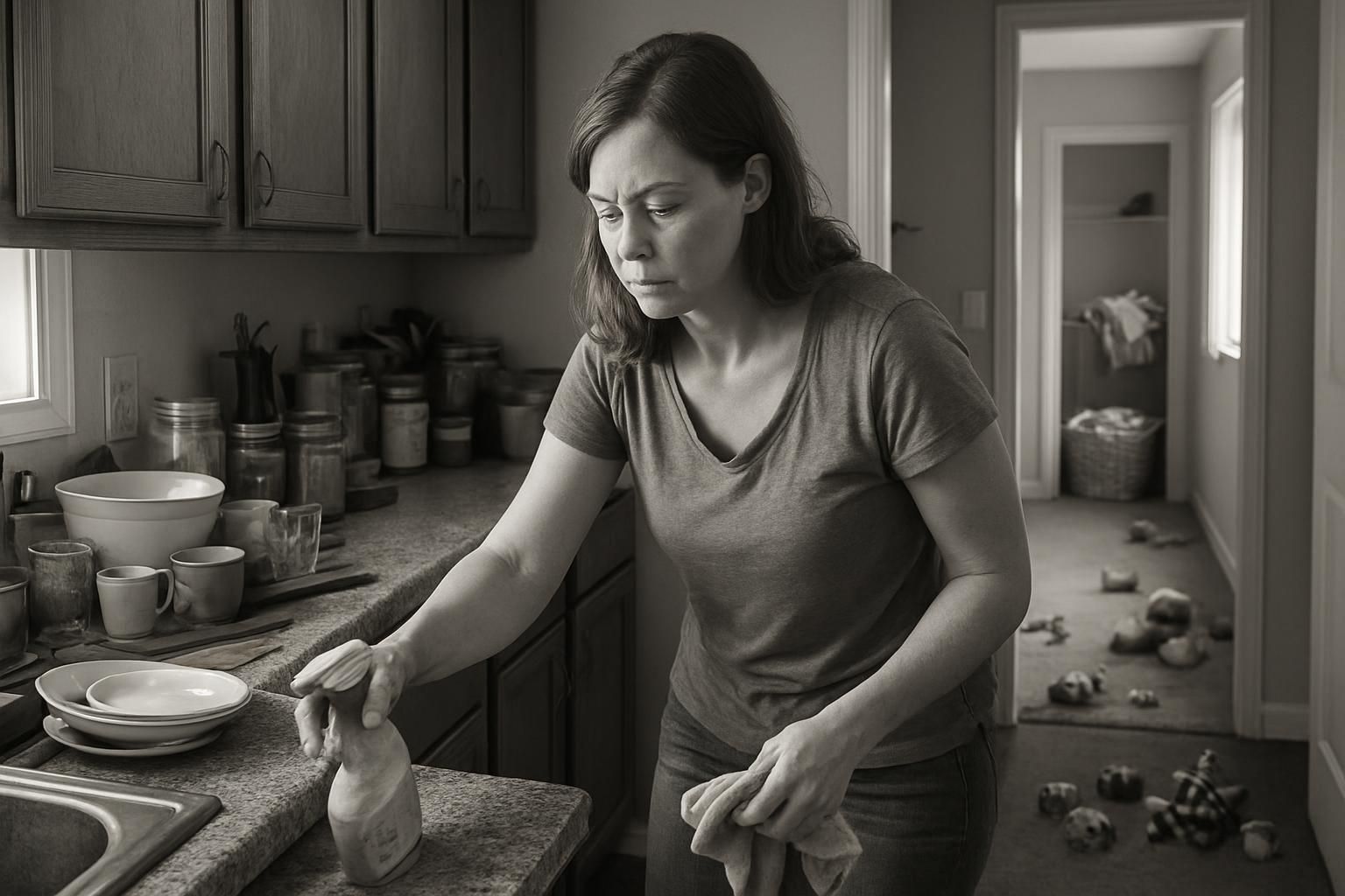 A woman searches for cleaning supplies in a cluttered kitchen.