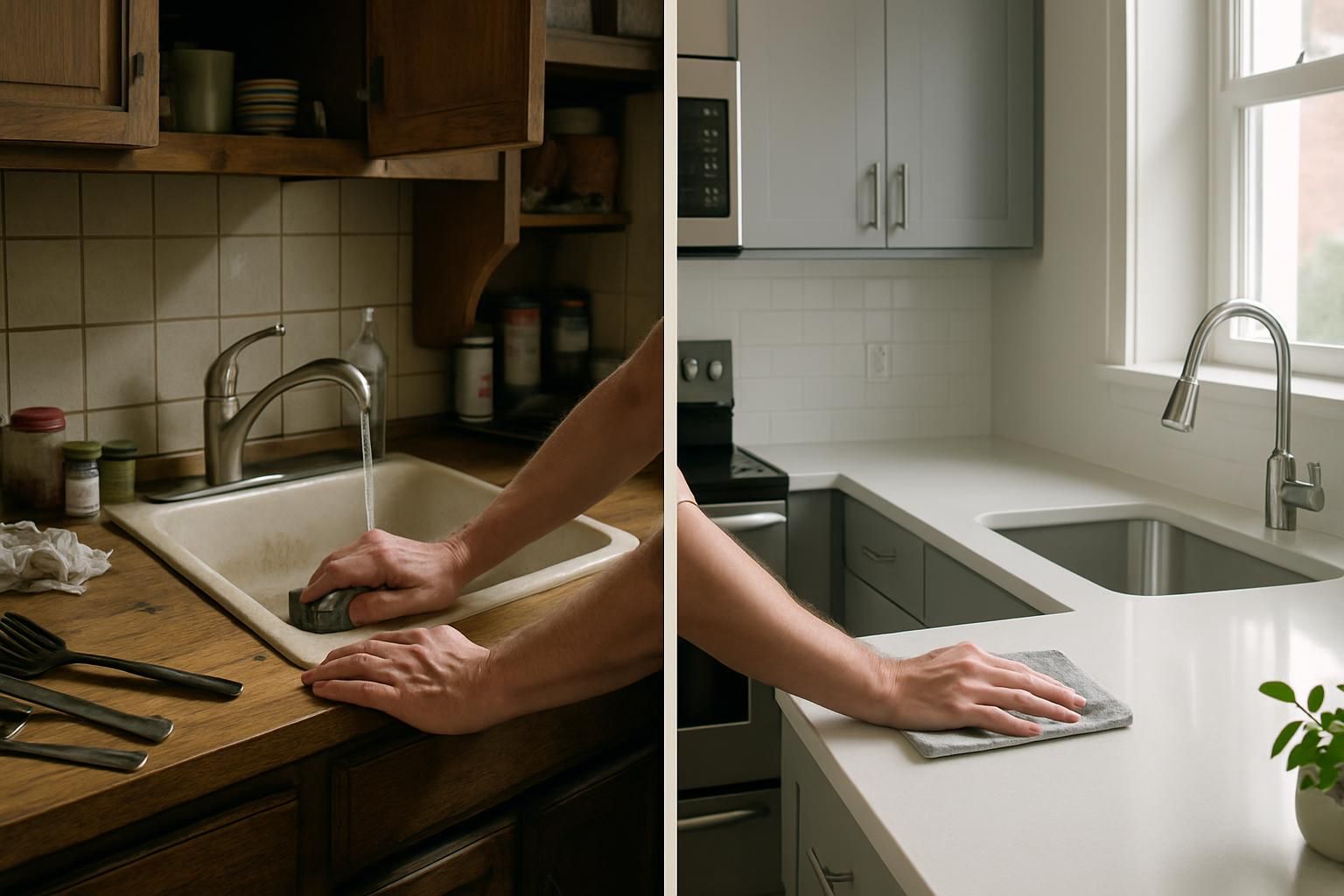 A contrast between a cluttered kitchen and a spotless one.