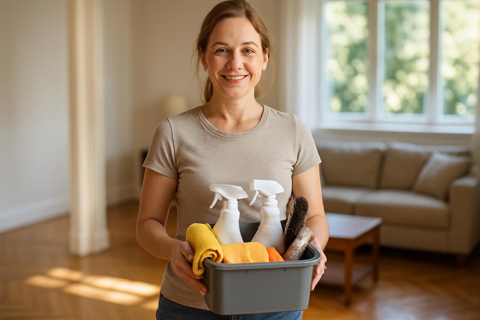 A woman smiles while holding a cleaning caddy in a tidy living room.