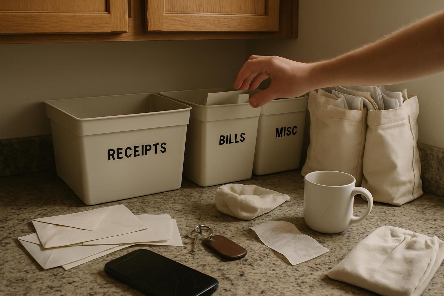 A cluttered kitchen counter showcases organized bins and everyday items.