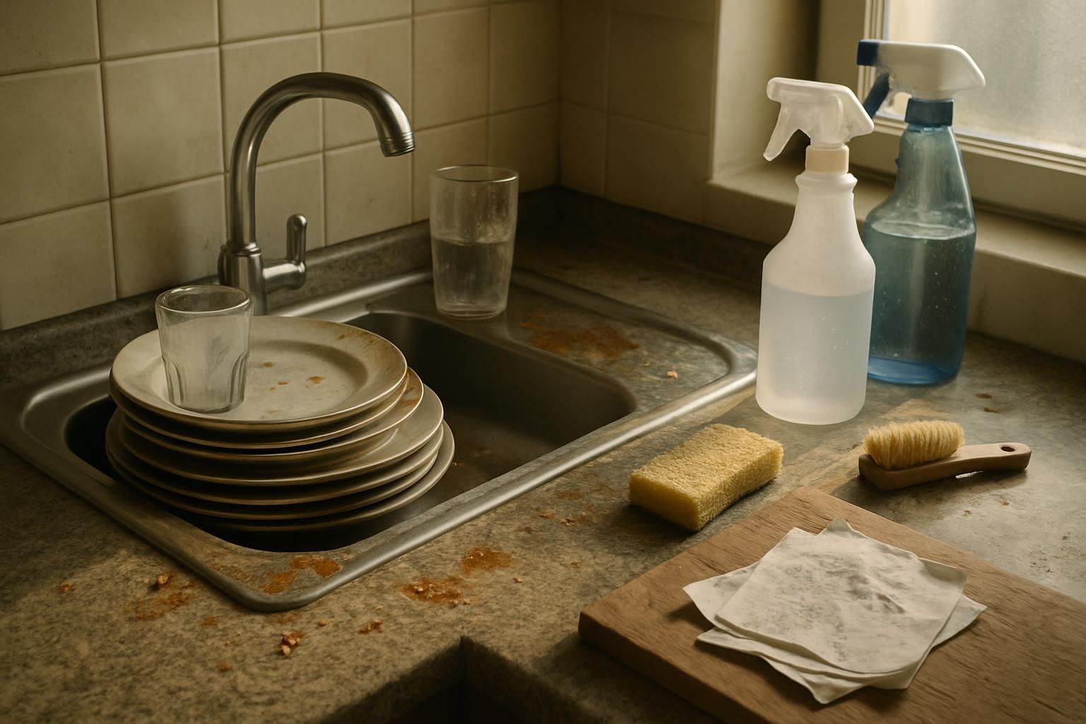 A cluttered kitchen sink filled with dirty dishes and cleaning supplies.