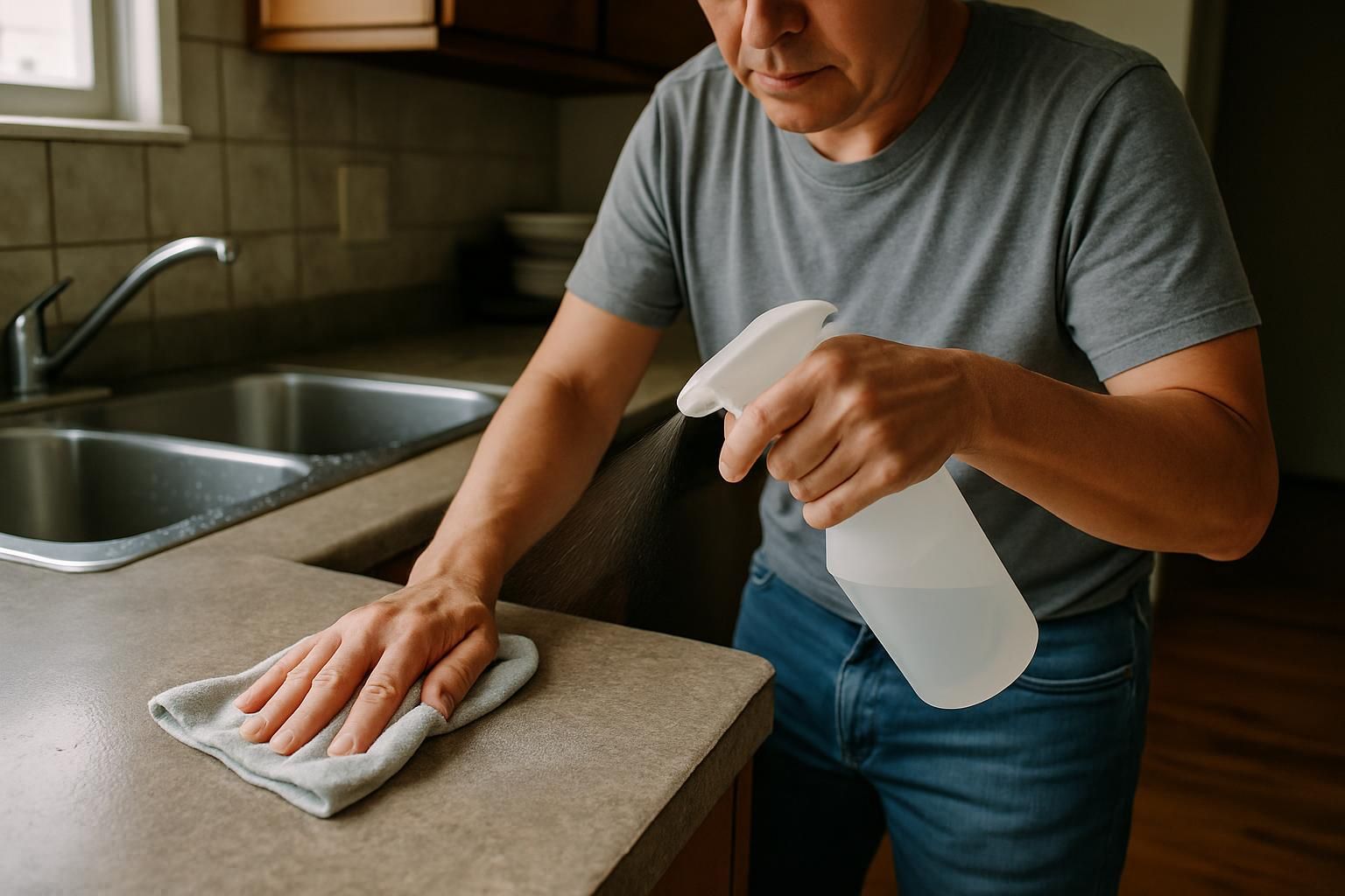 A person disinfects a kitchen countertop with focused intent.