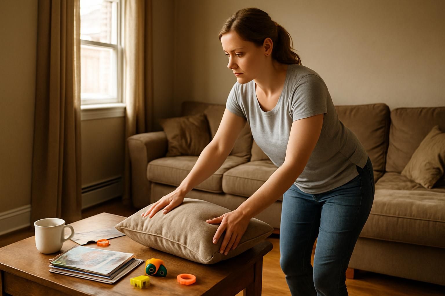 A woman tidies a cozy, lived-in living room.