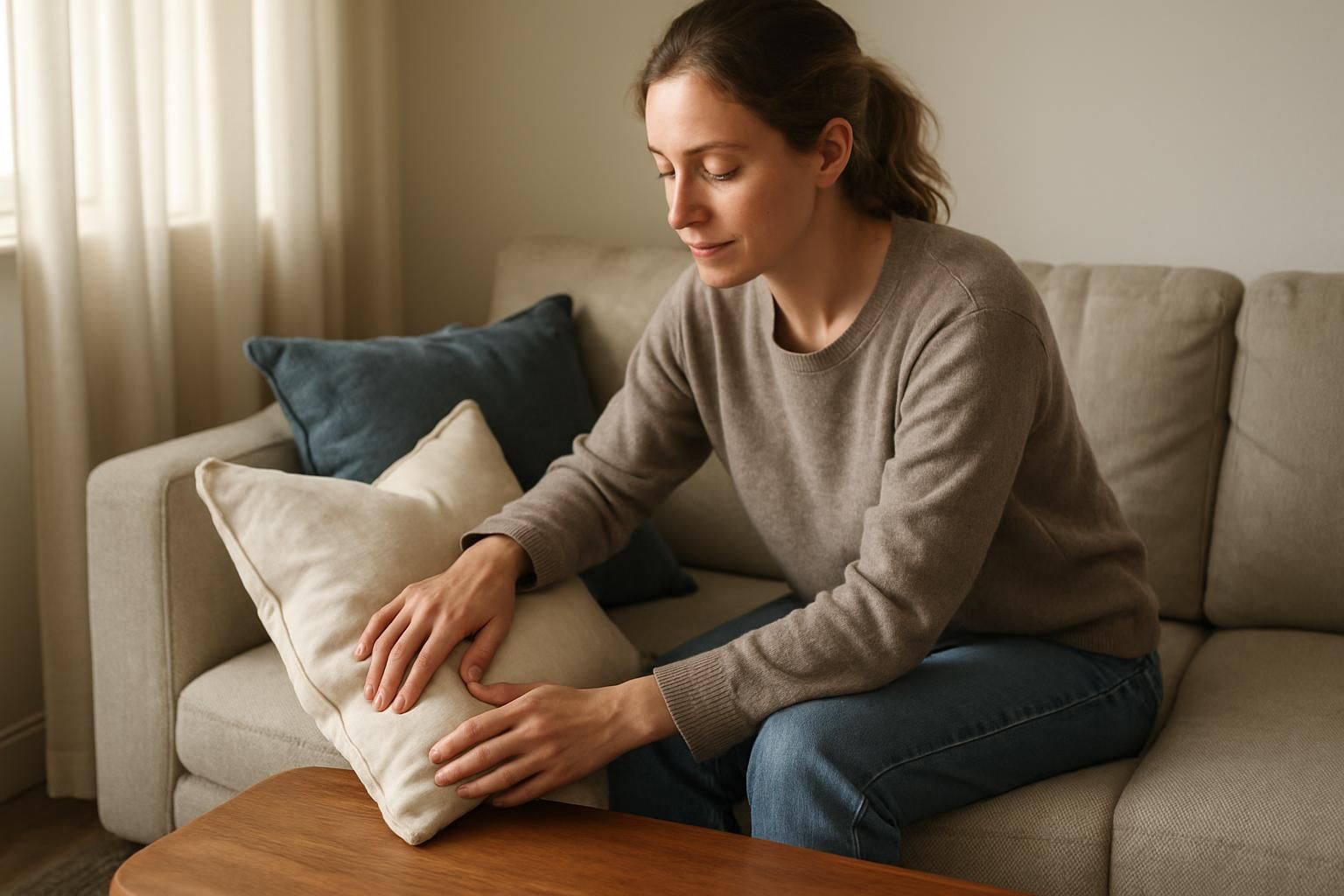 A woman organizes her cozy living room with soft throw pillows.