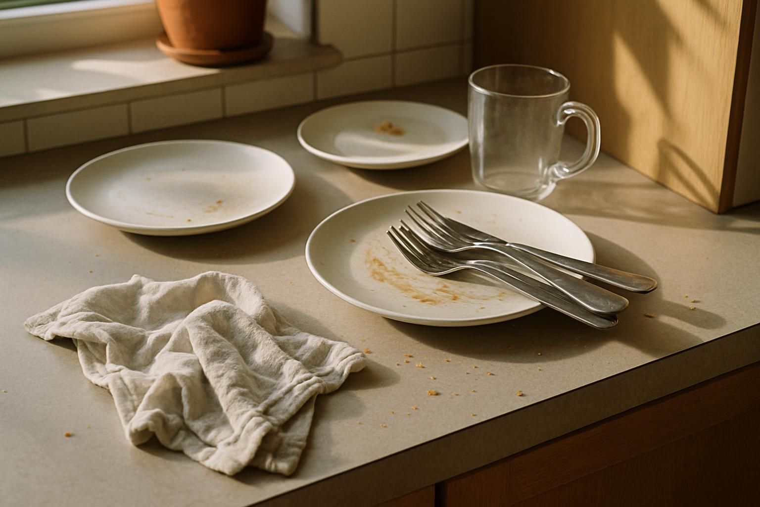A cluttered kitchen countertop filled with used dishes and crumbs.