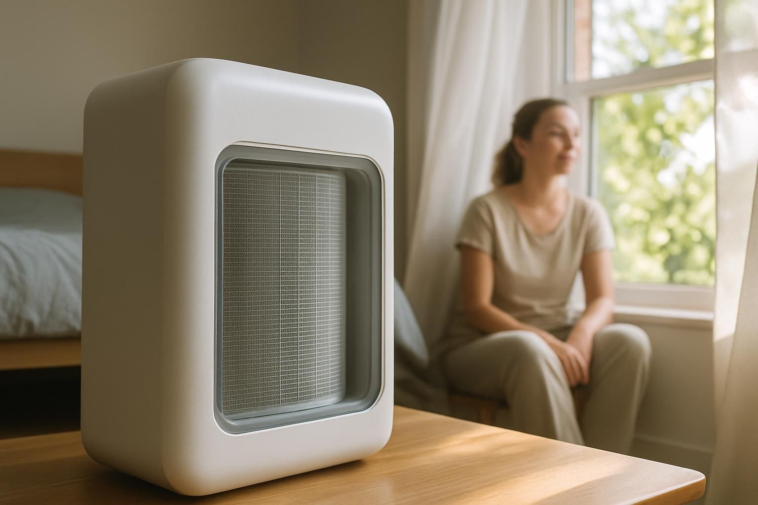A modern air purifier enhances the tranquil atmosphere of a bedroom.