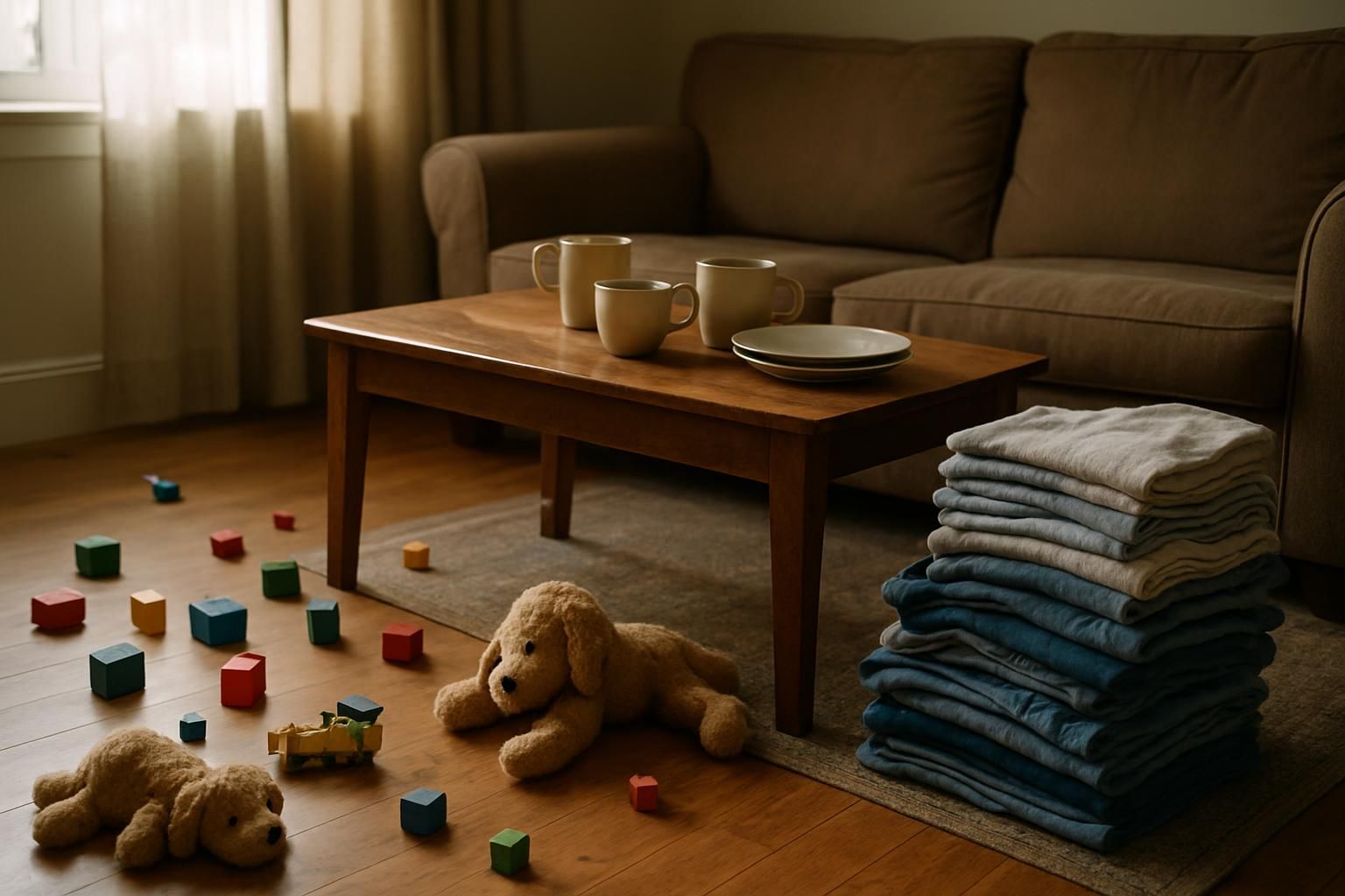 A cluttered living room filled with children's toys and laundry.